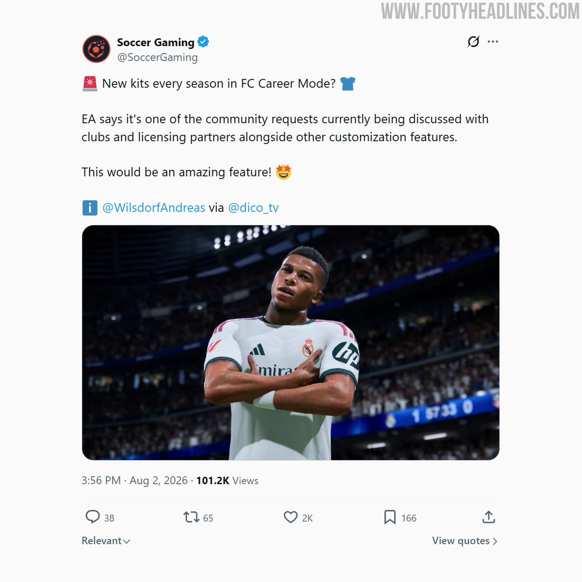Footy_Headlines's tweet photo. 𝐄𝐀 𝐒𝐩𝐨𝐫𝐭𝐬 𝐃𝐢𝐬𝐜𝐮𝐬𝐬𝐞𝐬 𝐍𝐞𝐰 𝐊𝐢𝐭𝐬 𝐄𝐯𝐞𝐫𝐲 𝐒𝐞𝐚𝐬𝐨𝐧 𝐢𝐧 𝐄𝐀 𝐅𝐂 𝐂𝐚𝐫𝐞𝐞𝐫 𝐌𝐨𝐝𝐞

One of the most persistent community requests in EA Sports FC Career Mode is the ability for real-world clubs to change kits every season during multi-year saves. Currently, teams are locked into their launch-day kit selection indefinitely, breaking immersion as players progress into future seasons.

EA FC Career Mode producer Andreas Wilsdorf recently acknowledged awareness of the community's desire for changing kits each season. EA is reportedly in discussions with real-world clubs and official licensing partners to explore potential solutions. However, complex legal hurdles - such as strict contracts with kit manufacturers, shirt sponsors, and club brand guidelines - present significant challenges to implementing dynamic or seasonal kit updates.

While no definitive timeline or feature release has been confirmed, the fact that EA is actively discussing the concept with licensing partners offers encouragement for long-term players.

[@WilsdorfAndreas]