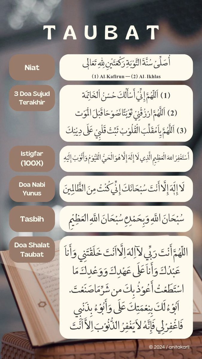 rahmatindahood's tweet photo. 🚨 PALING TIDAK SEKALI SAJA SEUMUR HIDUP

Salat Taubat adalah salat sunnah dua rakaat yang dikerjakan untuk memohon ampunan Allah atas dosa. Salat ini menjadi bukti kesungguhan tobat, membantu membersihkan hati, dan mengikuti sunnah Rasulullah ﷺ.

Dengan melaksanakannya, kita diharapkan mendapatkan ampunan, menenangkan jiwa, serta memperkuat niat untuk tidak mengulang kesalahan yang sama.