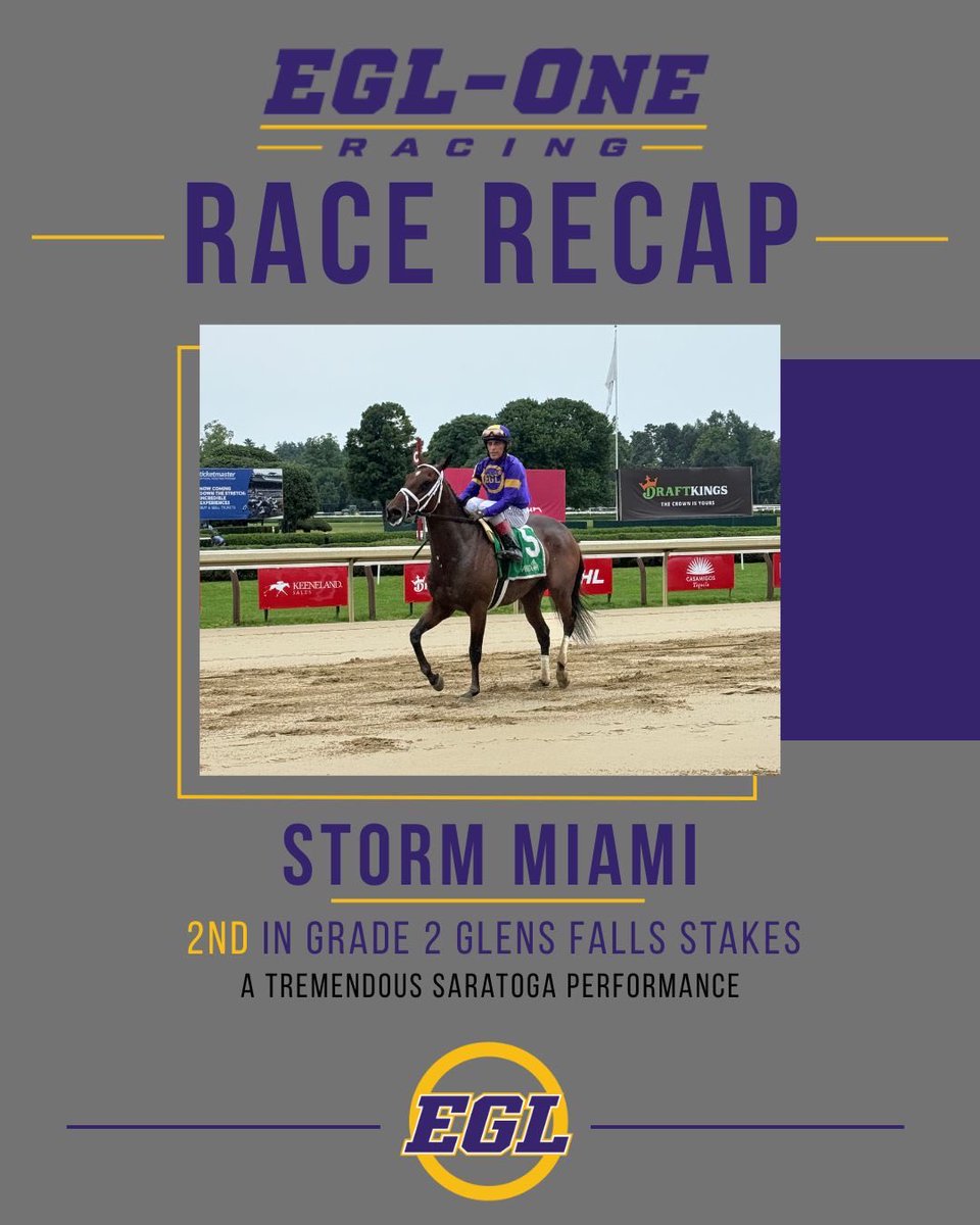 EGLOneRacing's tweet photo. Another game effort from Storm Miami. 💜💛

Leading until the final strides, Storm battled all the way to earn her second graded stakes placing with a tremendous runner-up finish in the Grade 2 Glens Falls Stakes at Saratoga.

A huge congratulations to trainer Amelia J. Green, Hall of Fame jockey John Velazquez, and everyone behind Storm Miami on another outstanding performance.