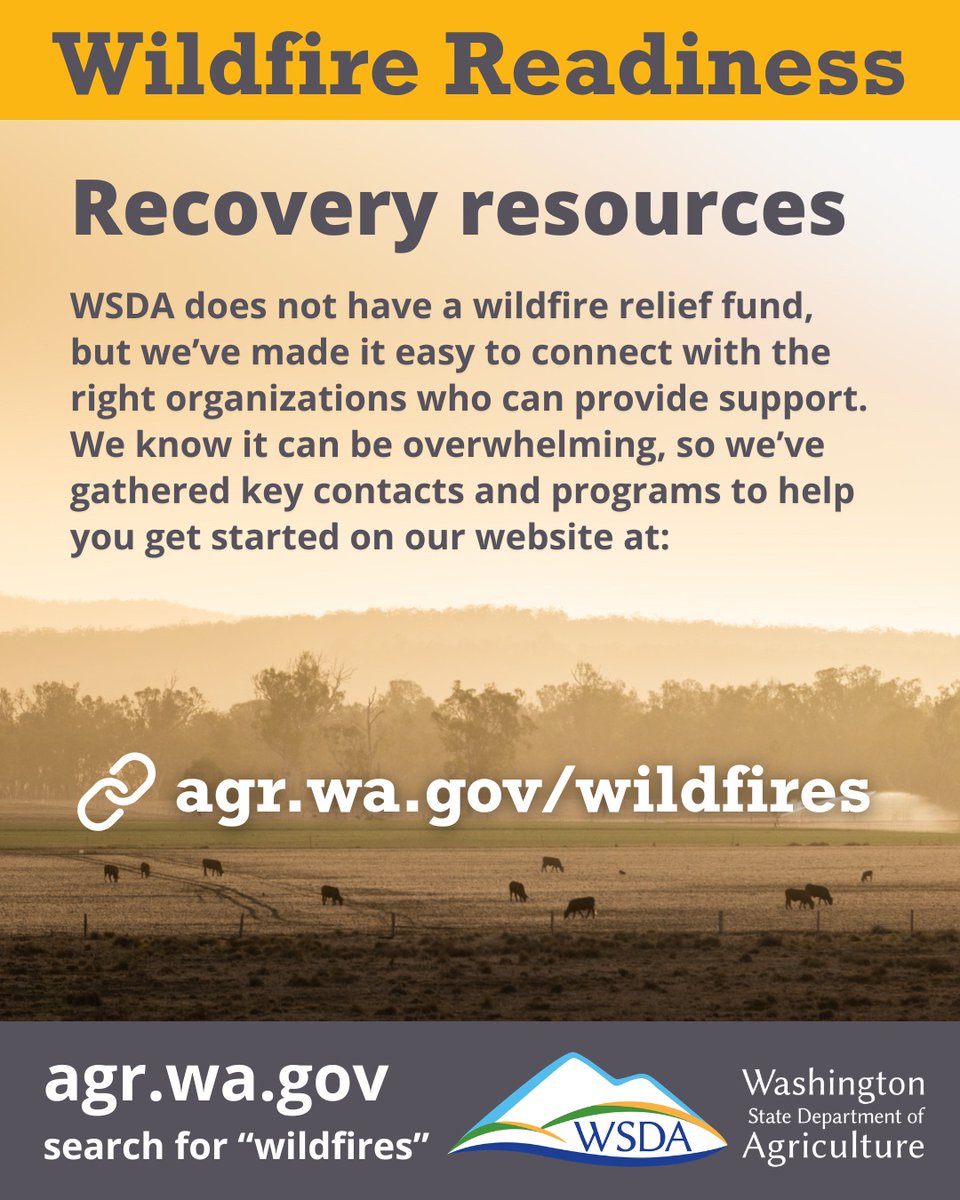 WSDAgov's tweet photo. We are saddened to see the numerous wildfires that have destroyed homes and land. While WSDA doesn't have a wildfire recovery fund, we do have information on preparing for and responding to wildfires and have compiled resources for those impacted at https://t.co/PyDipigb69. https://t.co/B68n2UNjW3