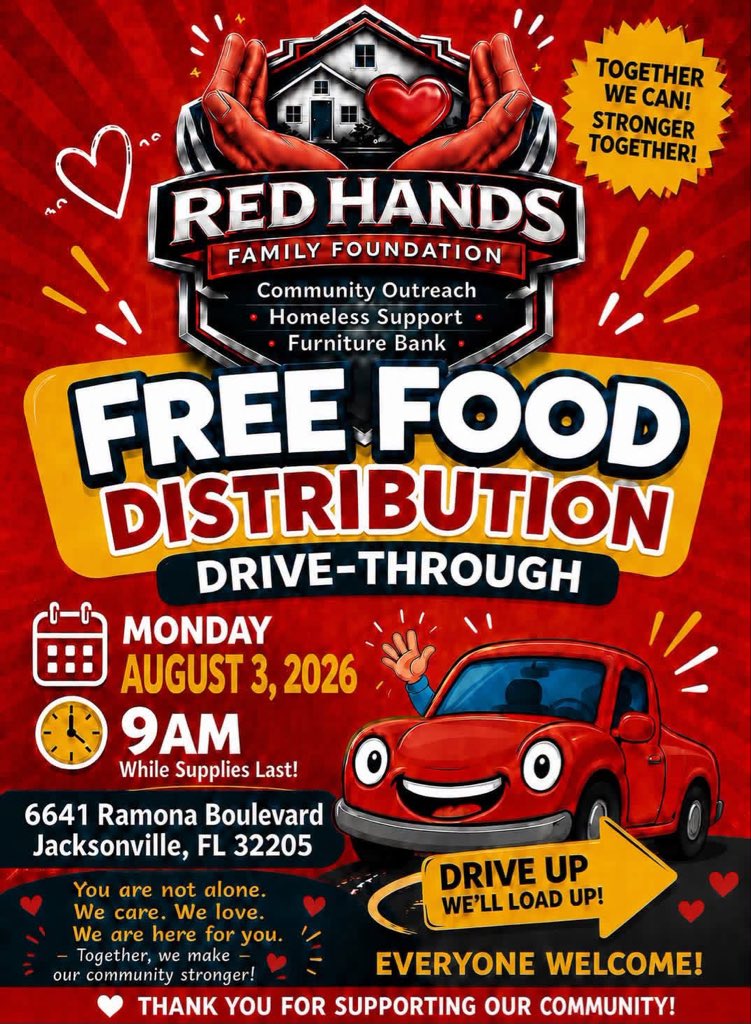 IsraelVinson3's tweet photo. Food Drive 9 AM lineup!￼ Tomorrow morning!

 Red Hands Family Foundation Thrift Store!
Food Drive Aug 3, 2026 starting at 9 AM ￼
📍 6641 Ramona Boulevard, Jacksonville, FL 32205.

We will be providing food assistance to families and individuals in need. Drive through and we’ll help load your vehicle. If supplies are available, we will fill your vehicle with food items.

🚶 Walk-ups are welcome!

Please help us spread the word and share this post with anyone who may benefit from this food drive. Together, we can make a difference in our community.

❤️ Red Hands Family Foundation
Helping Families in Need