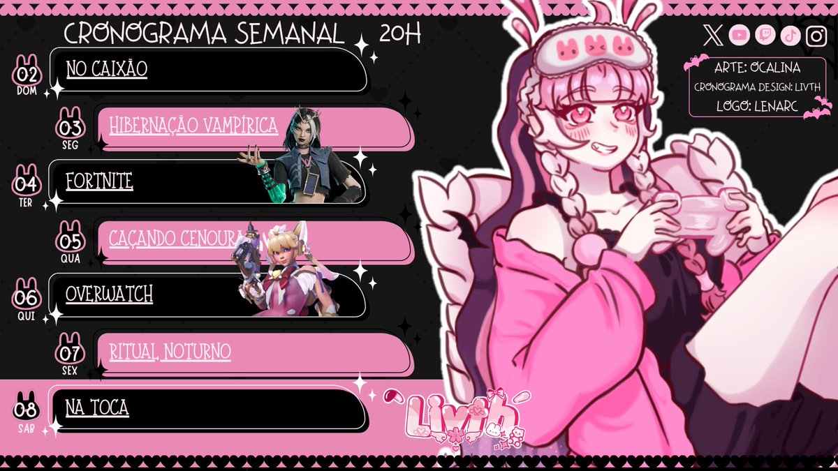 ealivth's tweet photo. Boa noite coelhinhos, segue o cronograma dessa semana! 🐇
📅 Terça | Quinta
🕢 20h
🟣 https://t.co/h9DKTUgkI3
Venha se divertir com essa coelha vampira! 🦇
#VTuber #VTuberBR #DebutVTuber https://t.co/vVWrhlitgp