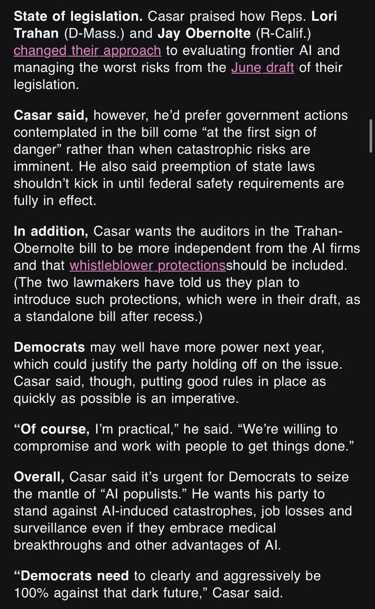 cdiersing's tweet photo. “It’s an emergency.”

Casar tells Punchbowl:

1. Ban Artificial Super Intelligence;

2. Set mandatory independent testing by outside experts at every stage of AI development

3. We need international cooperation. 

He also outlines improvements he wants to Obernalte-Trahan. https://t.co/2apzw79l4n