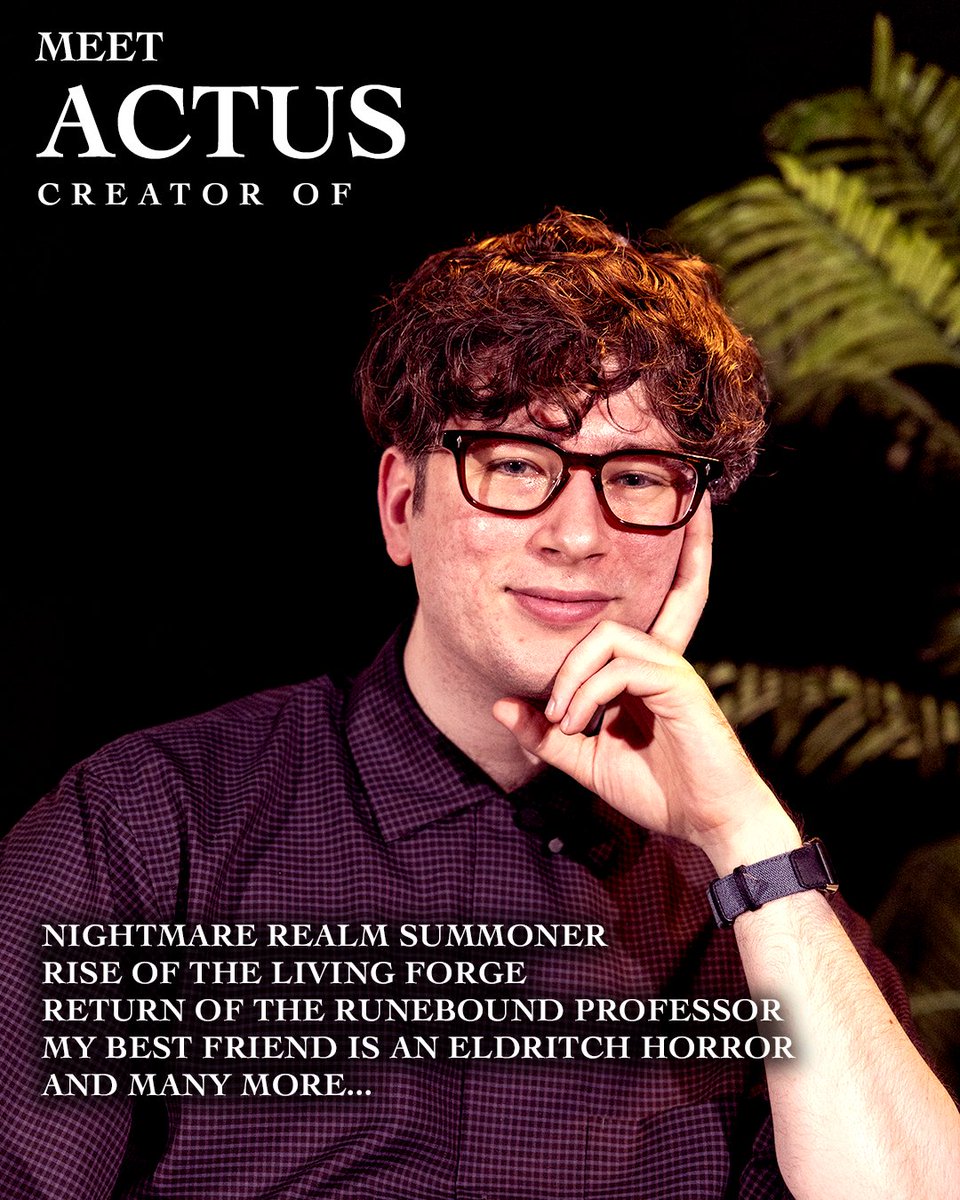 ActusAuthor's tweet photo. Meet ACTUS. The mind behind Nightmare Realm Summoner, Rise of the Living Forge, Return of the Runebound Professor, and My Best Friend Is an Eldritch Horror. It all starts with him. Volume 1 lands on @webtoonofficialand and @kadokawa_san https://t.co/8eaEQWtJwO