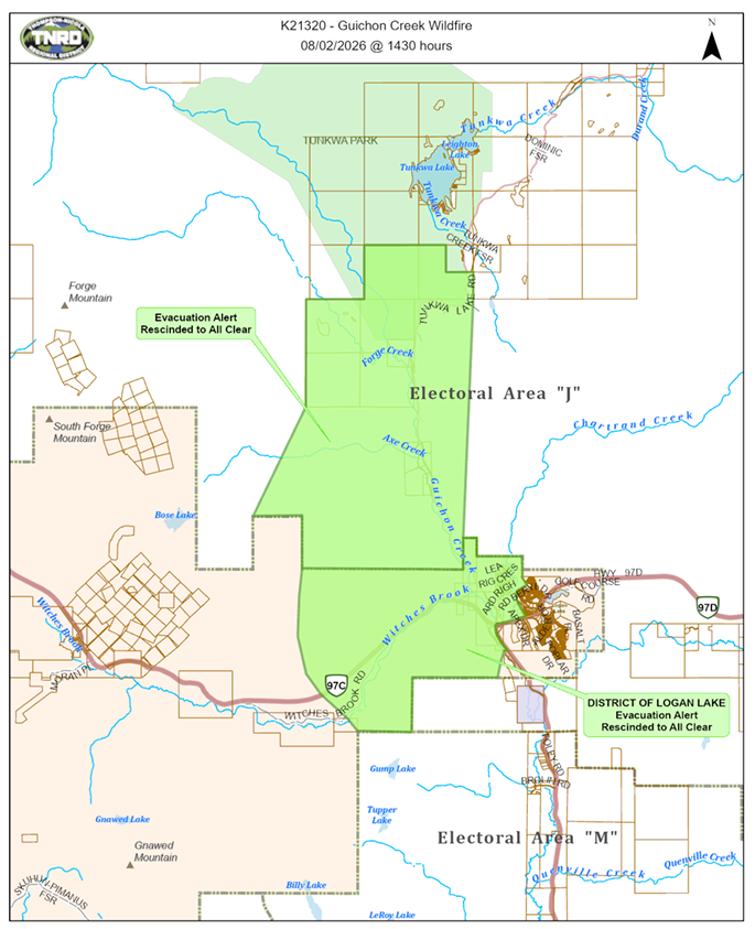 EmergencyInfoBC's tweet photo. The Thompson-Nicola Regional District has rescinded an Evacuation Alert issued due to the Guichon Creek (K21320) #BCWildfire. This all-clear notice affects approximately 7 properties in Electoral Area “J” (Copper Desert Country). More info: https://t.co/fWSJ8WX7JZ #BC https://t.co/pdrAufmrtd