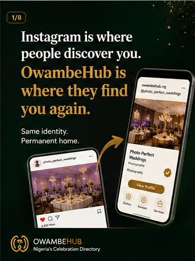 owambehub's tweet photo. Instagram helps people discover you.
OwambeHub helps them find you again.
Posts get buried.
Hashtags disappear.
Algorithms change
Your business deserves a permanent digital identity.
📱 @themonarcheventcentre
🌍 https://t.co/8WfgVC9jIm
#DigitalIdentity #OwambeHub #WeddingBusiness https://t.co/ZXS1G2nK3A