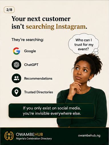 owambehub's tweet photo. Instagram helps people discover you.
OwambeHub helps them find you again.
Posts get buried.
Hashtags disappear.
Algorithms change
Your business deserves a permanent digital identity.
📱 @themonarcheventcentre
🌍 https://t.co/8WfgVC9jIm
#DigitalIdentity #OwambeHub #WeddingBusiness https://t.co/ZXS1G2nK3A