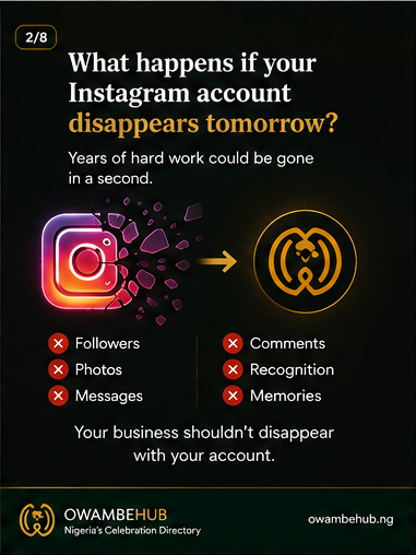owambehub's tweet photo. Instagram helps people discover you.
OwambeHub helps them find you again.
Posts get buried.
Hashtags disappear.
Algorithms change
Your business deserves a permanent digital identity.
📱 @themonarcheventcentre
🌍 https://t.co/8WfgVC9jIm
#DigitalIdentity #OwambeHub #WeddingBusiness https://t.co/ZXS1G2nK3A