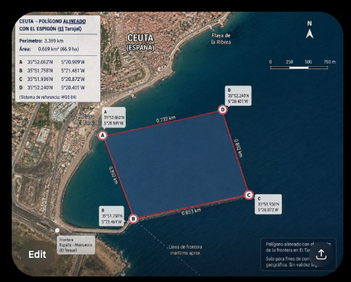 CorruptSanchez's tweet photo. Just for the sake of comparison, look what our psycopath of a president we have: He's just starting holidays in La Mareta (Tenerife), so has ordered a Navigation Ban around his Summer Palace (First Image), that leads to the depicted polygon in second image. For comparison, just take a loot at the third image, the same polygon translated to Ceuta border, which Pedro refuses the army to protect despite not only bein demanded for years, but he being TOTALLY AWARE of the upcoming invasion, as he was told by both Spanish Civil Intelligence and Army Intelligence.