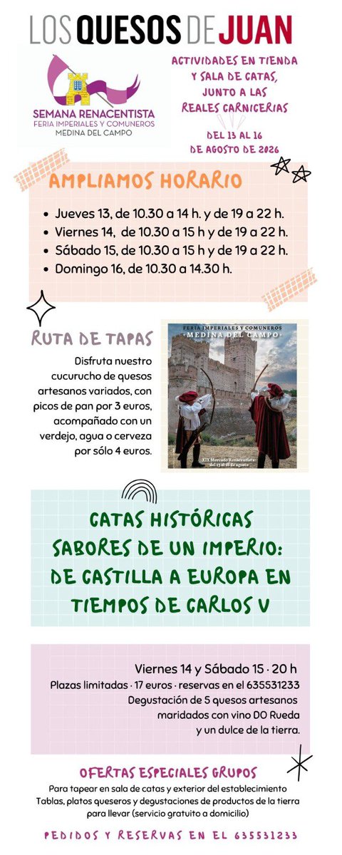 quesosJUAN's tweet photo. Preparamos para la #Renacentista2026 de #MedinadelCampo en #LosQuesosdeJuan.
Reserva plazas para las catas Históricas y descubre los sabores del #imperio #CarlosV
#alimentosdevalladolid
#rutadelvinoderueda https://t.co/pqC6LhEWpl