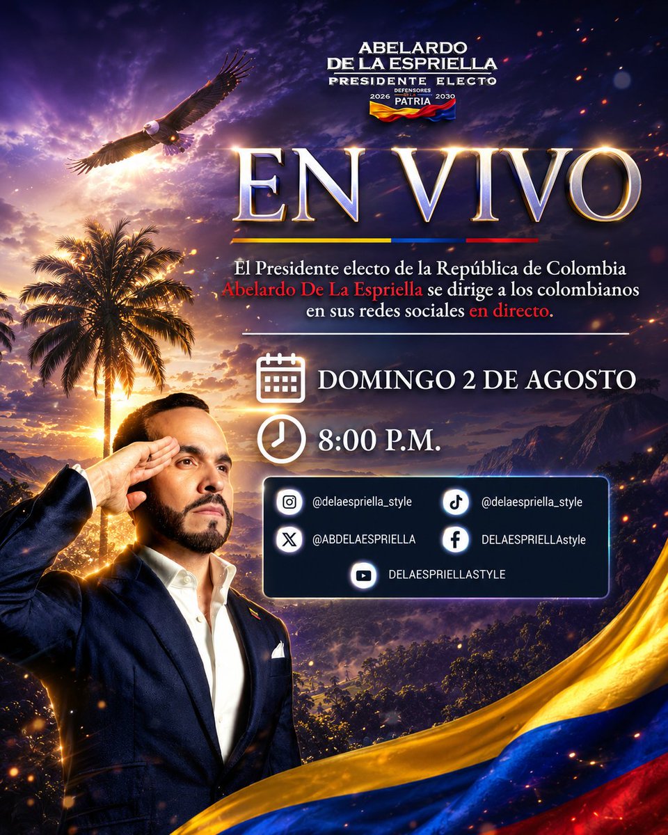 ABPRESIDENTE's tweet photo. El Tigre 🐅 se dirige al pueblo colombiano 🇨🇴, ¡no te lo pierdas!: conéctate HOY a las 8pm en las redes oficiales de @ABDELAESPRIELLA 

¡Firme por la Patria! 🫡

Únete ya al Ejército de Defensores de la Patria en 🔗 https://t.co/oGxsOTktDD https://t.co/6AYA40A6uK