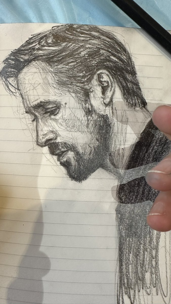 RiverAileen_'s tweet photo. I’m getting used to not only drawing without my index finger, but also to no longer hiding it — neither from myself nor from anyone else.
For now, I’m taking inspiration from someone uniquely talented and unbearably handsome — Ryan Gosling. 😏✏️ #ryangosling #art https://t.co/PMVXrLnheh