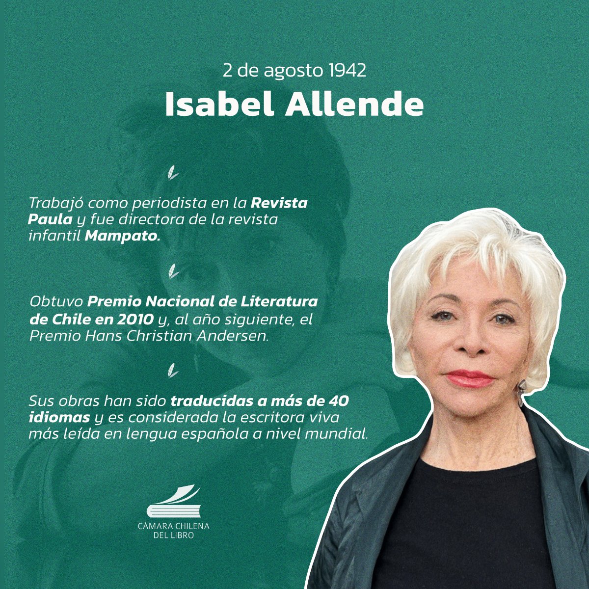 camaradellibro's tweet photo. Un día como hoy, en 1942, nacía en Lima, Perú, la escritora Isabel Allende. ✍🏻

#CámaraChilenaDelLibro #IsabelAllende https://t.co/PbkoPzkWJL