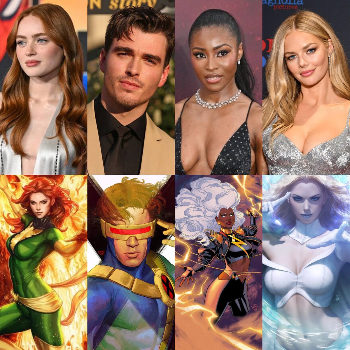 BattinsonMarvel's tweet photo. My X-Men Fancast (with the confirmed actors)

Sadie Sink - Jean Grey
Corey Mylchreest - Cyclops
Jayme Lawson - Storm
Samara Weaving - Emma Frost
Charles Melton - Beast
Cailee Spaeny - Rogue
Jordan Gonzalez - Gambit
Garrett Wareing - Iceman

#XMen https://t.co/yNiofAaBno