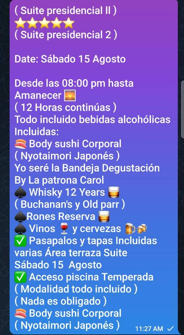 sensualesccs's tweet photo. Evento Suite presidencial 2
Sábado 15 Agosto
Todo incluido:
⚜ Whiskys Buchanan's y Old Parr
��� Rones Reserva, Vinos, prosecco,cervezas y comidas.
Degustación Body sushi Corporal 
( Nyotaimori Japonés ) 🍣🥗
by La Patrona Carol
15 Hrs Rumba, 25 H hospedaje
Sólo para 10 parejas 🔞 https://t.co/JQCwJOAuqQ
