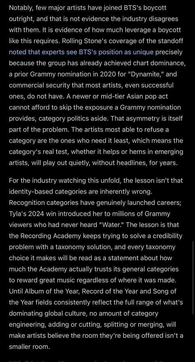 orul8ce's tweet photo. Forbes article 👀👀👀

BTS didn’t just skip an awards show, they named the actual question the Grammys have been dodging for over a decade: does this institution want to sort music by identity, or does it want to trust identity not to determine the outcome in the categories that matter most? It cannot keep doing both and expect artists to stop noticing the difference.👀👀👀👀👏👏🔥💯

The timing makes the statement sting. ARIRANG is the group's first album since all seven members completed South Korea's mandatory military service, and it debuted at number one on the Billboard 200. This was an act by a group at the height of its commercial power, telling the industry's most powerful institution that a new box built specifically to hold their music was not a gift.👏👏👏🔥

Nobody created a "Best European Pop Music Performance" category for Dua Lipa or Ed Sheeran. The absence of a mirror category for majority-white regional pop is the tell that these fields, however generously intended, are not applied evenly across the map🔥🔥🔥🔥👏

A category organized around ethnicity, region or language will always be read in two contradictory ways at once, as recognition by the artists who feel newly seen, and as a containment strategy by the artists who fear it caps how far their work can travel within the institution. Both readings are rational responses to the same structure. The Academy keeps trying to engineer its way out of a problem that isn't a categorization problem. It's a trust problem, built up over decades of Album of the Year fields that skewed heavily toward white American pop and rock even in years when Black, Latin and Asian artists dominated the commercial conversation.👀👀👀

https://t.co/Sera6IN4aj