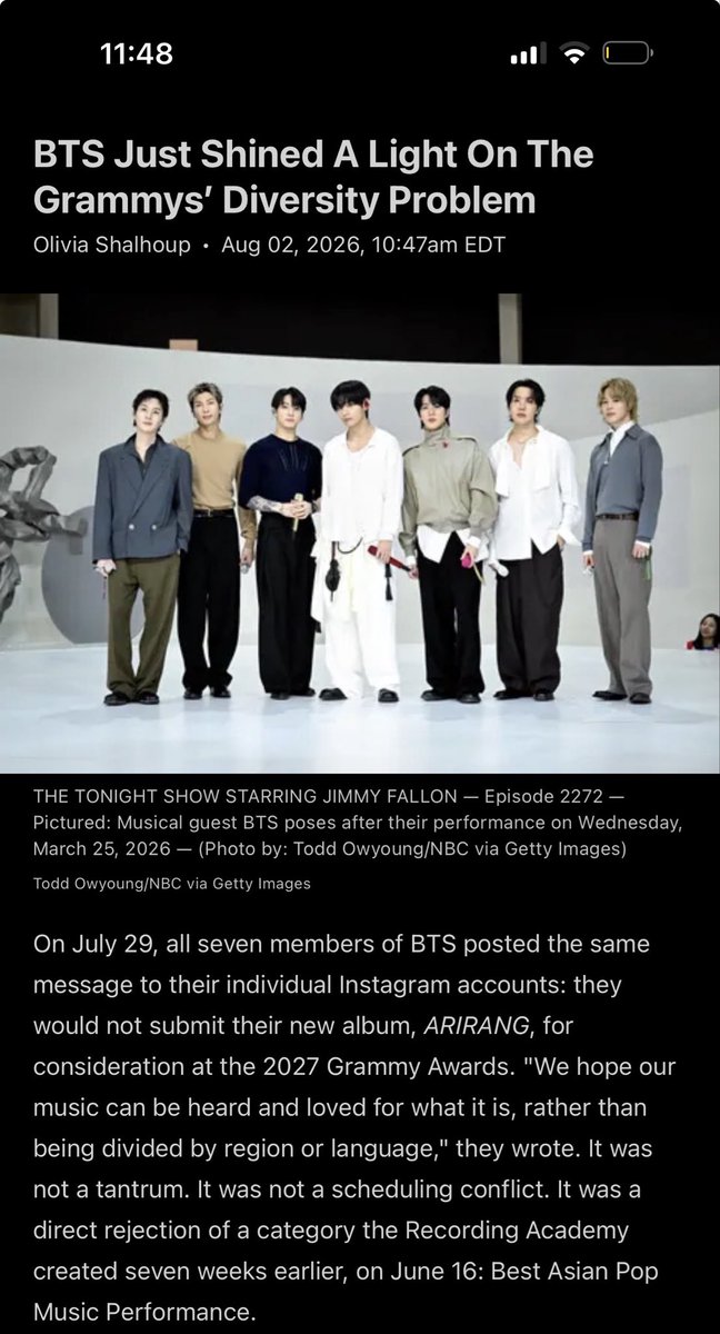 orul8ce's tweet photo. Forbes article 👀👀👀

BTS didn’t just skip an awards show, they named the actual question the Grammys have been dodging for over a decade: does this institution want to sort music by identity, or does it want to trust identity not to determine the outcome in the categories that matter most? It cannot keep doing both and expect artists to stop noticing the difference.👀👀👀👀👏👏🔥💯

The timing makes the statement sting. ARIRANG is the group's first album since all seven members completed South Korea's mandatory military service, and it debuted at number one on the Billboard 200. This was an act by a group at the height of its commercial power, telling the industry's most powerful institution that a new box built specifically to hold their music was not a gift.👏👏👏🔥

Nobody created a "Best European Pop Music Performance" category for Dua Lipa or Ed Sheeran. The absence of a mirror category for majority-white regional pop is the tell that these fields, however generously intended, are not applied evenly across the map🔥🔥🔥🔥👏

A category organized around ethnicity, region or language will always be read in two contradictory ways at once, as recognition by the artists who feel newly seen, and as a containment strategy by the artists who fear it caps how far their work can travel within the institution. Both readings are rational responses to the same structure. The Academy keeps trying to engineer its way out of a problem that isn't a categorization problem. It's a trust problem, built up over decades of Album of the Year fields that skewed heavily toward white American pop and rock even in years when Black, Latin and Asian artists dominated the commercial conversation.👀👀👀

https://t.co/Sera6IN4aj