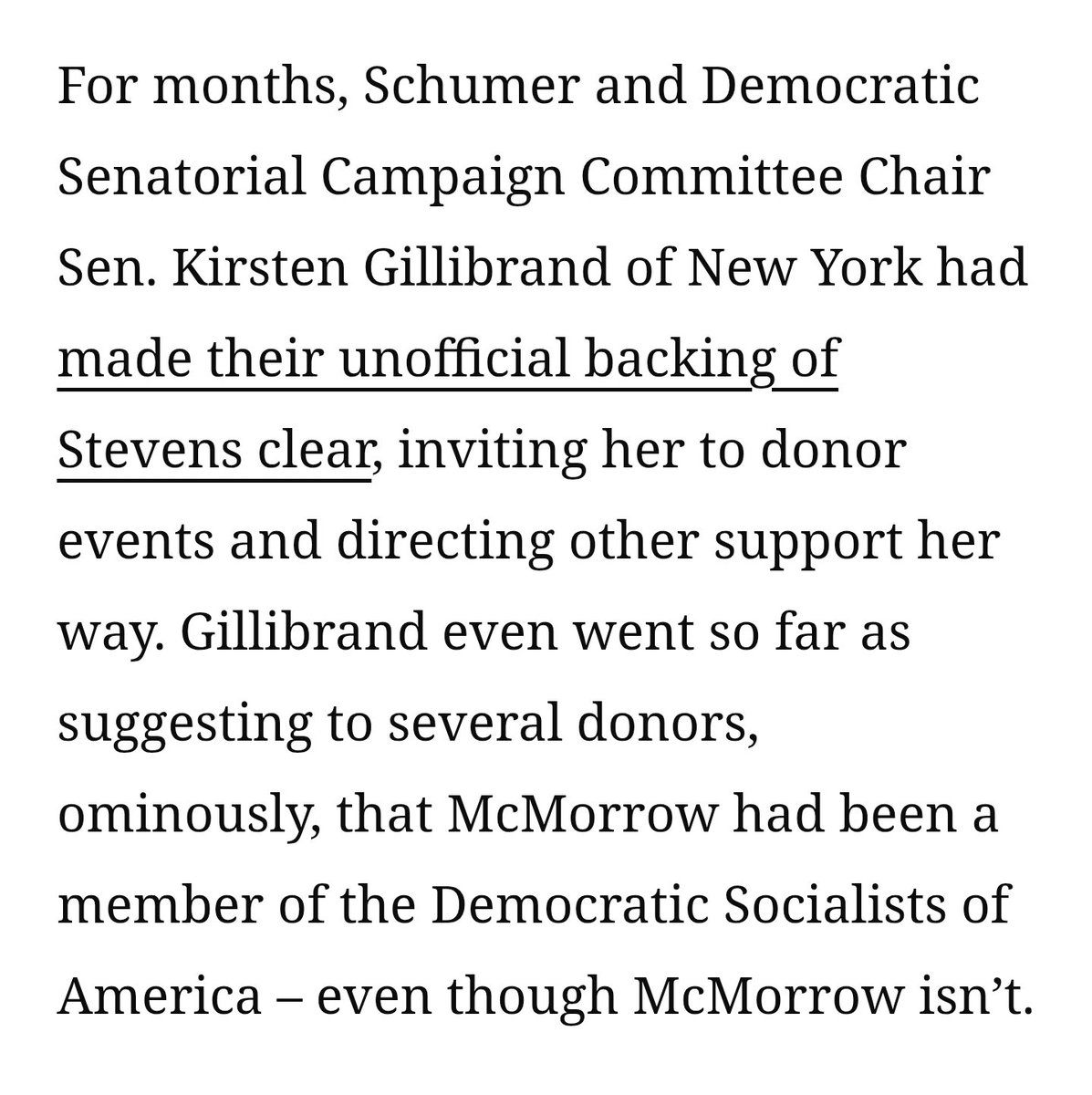 Wellstonecratt's tweet photo. Wow. Gillibrand, who called Mamdani a "jihadist", reportedly told big-dollar donors that Mallory McMorrow was a DSA member according to CNN. 

McMorrow wasn't even my first choice, but this smear is absolutely wild. https://t.co/w75cuLD8tw