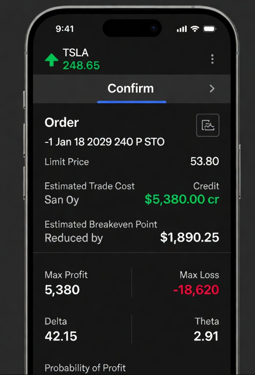 GJedwab's tweet photo. If you love $TSLA for the long haul…
You can sell a LEAP put that expires 2+ years out
and collect serious premium while barely touching your buying power

01/18/29 $240 p
✅ Premium collected: $5,380

Actual buying power reduction after premium: only $1,890 
 You’re getting paid to potentially own TSLA at an effective ~$186 if assigned 
 DM me “TSLA PUT” and I’ll send you the exact setup + risk rules I use📷💰