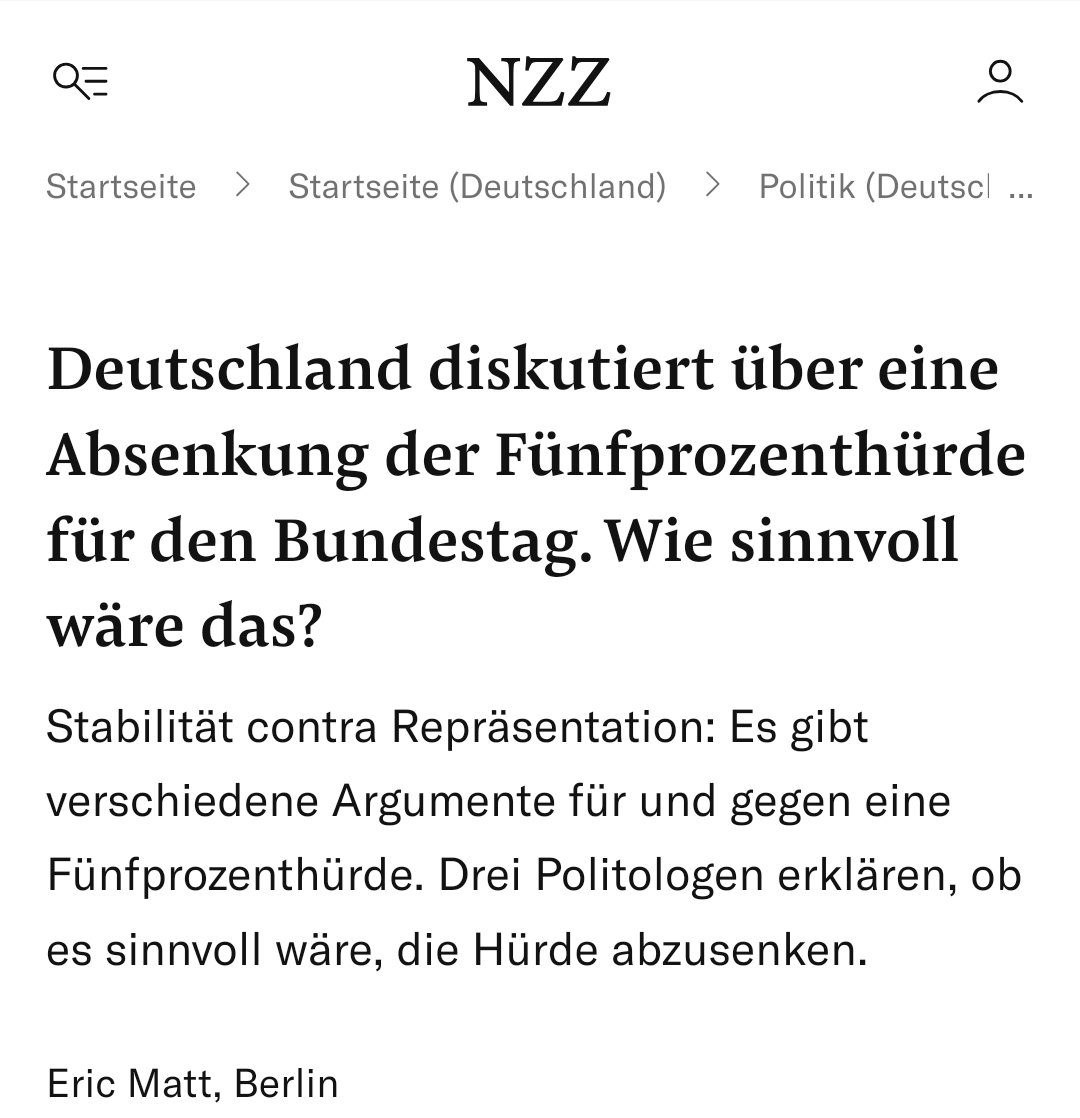 RudigerOff's tweet photo. @NZZ Deutschland diskutiert überhaupt nicht über die Absenkung der 5% Hürde für den Bundestag. Wann verabschiedet sich die NZZ endlich vom Clickbaiting- und Boulevardpresse-Niveau? https://t.co/3v1FF47vkr