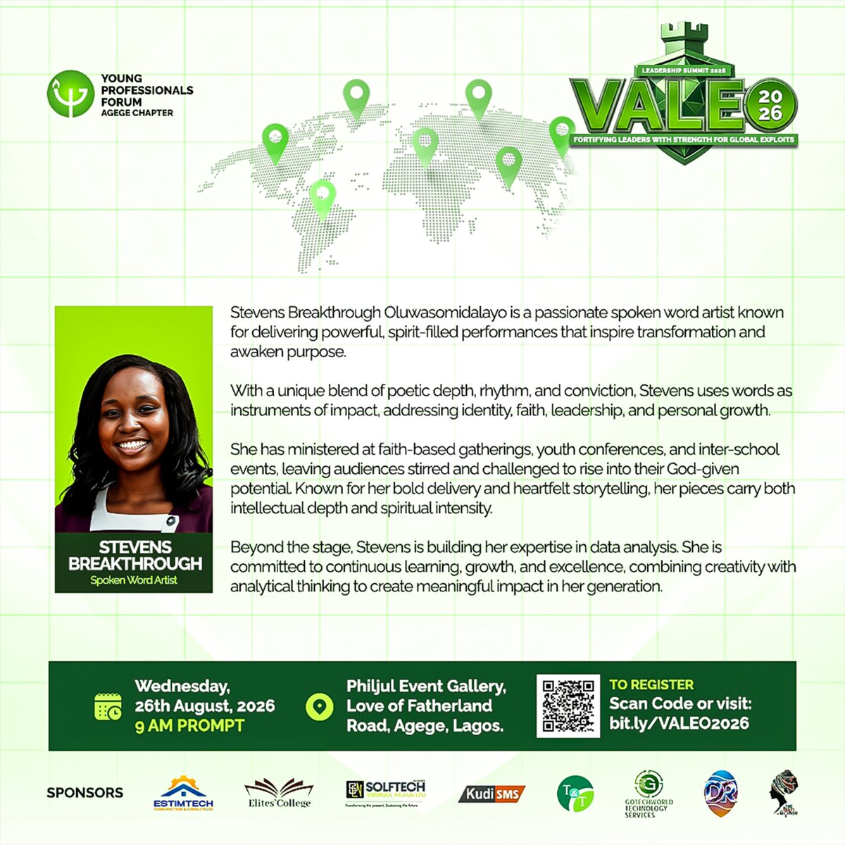 YPFAgege's tweet photo. Words that don't just land — they ignite. 🔥

Meet Stevens Breakthrough — spoken word artist, data analyst, and one of the most compelling voices coming to VALEO 2026🎤

She doesn't perform. She awakens. 💡
Aug 26 | Agege | https://t.co/5vnpwsJDJK
#VALEO2026 #YPFAgege #SpokenWord https://t.co/cldkIYcVBz