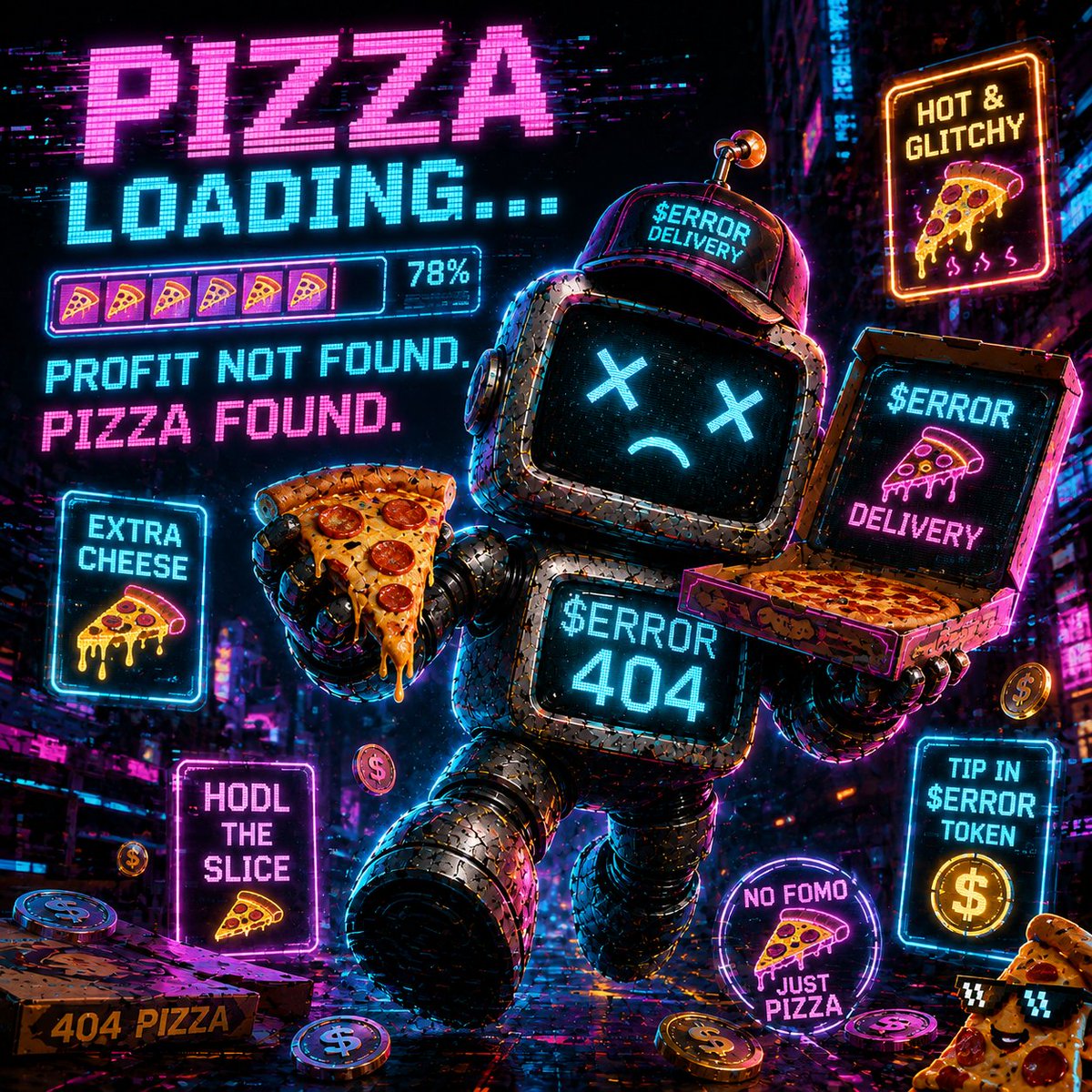 404coin_meme's tweet photo. SYSTEM UPDATE: PIZZA FOUND.

Profit not found.
Moon not found.
But the delivery finally arrived. 🍕
$ERROR is serving hot memes, extra cheese, and absolutely no financial advice.
HODL THE SLICE. https://t.co/XCTTEdNedP