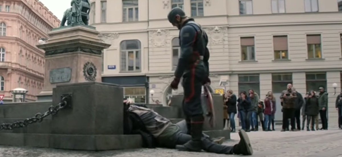 ocazos's tweet photo. @FrubiousDolphin Ah okay yeah thats clearly a man in combat totally not running away. Oh yeah thats clearly not a man with his hands up either how foolish of me. Oh how double foolish of me that’s clearly not an urban area with civilians who just saw CAPTAIN AMERICA behead a man/cave his chest in https://t.co/3lZhhLu5vo