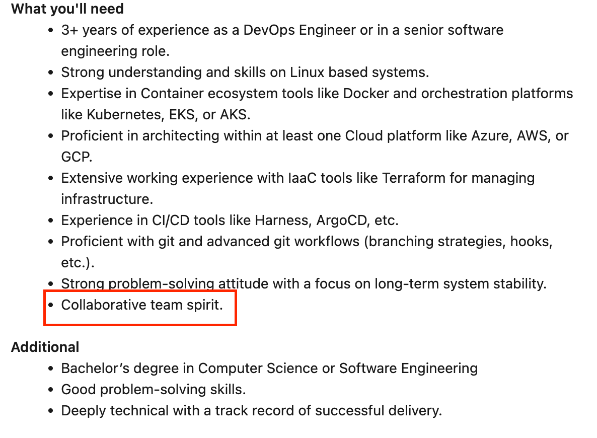 fromcodetocloud's tweet photo. I read around 30-40 Devops and other job posts this week. The same lies appeared in almost all of them.

Lie 1: "Fast-paced environment"
Means: we're understaffed and the processes are broken.

Lie 2: "Wear multiple hats"
Means: you'll be doing 3 jobs for the pay of 1.

Lie 3: "Work hard, play hard"
Means: we expect long hours and there's a ping pong table.

Lie 4: "No two days are the same"
Means: nothing is documented and everything is on fire regularly.

Lie 5: "Collaborative team"
Means: there are other people here. That's all we can promise.

Lie 6: "Competitive salary"
Means: we won't tell you the number until the offer.

The honest JD would say:
"We have tech debt. The team is small. The problems are hard. The people are good and trying. Here's what we pay."