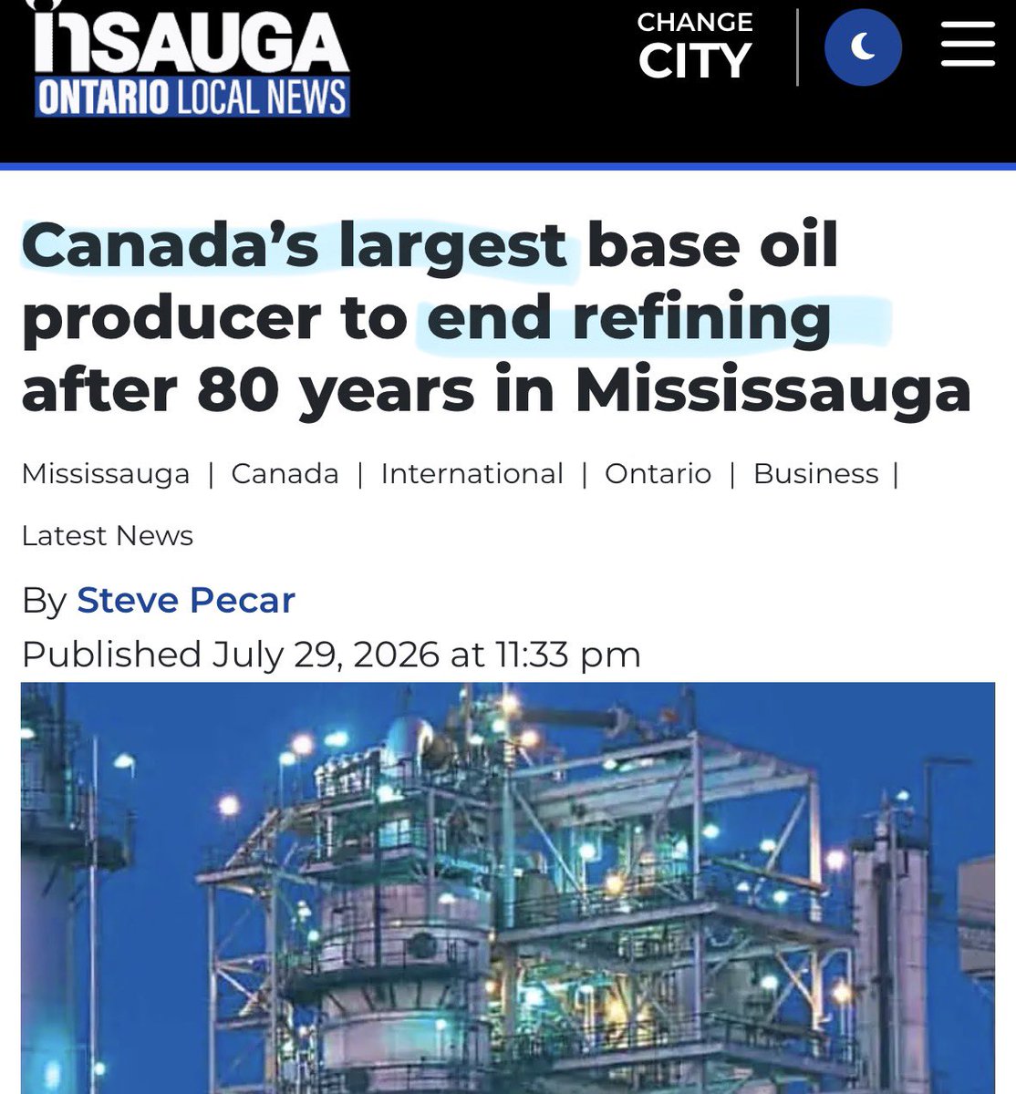 MelissaLMRogers's tweet photo. ANOTHER Company shutting operations 🇨🇦 After more than 80 years of operation, Canada’s largest base OIL refinery will shut down its refining activities in Mississauga

ELBOWS UP 🇨🇦 https://t.co/86KXUtdbwg