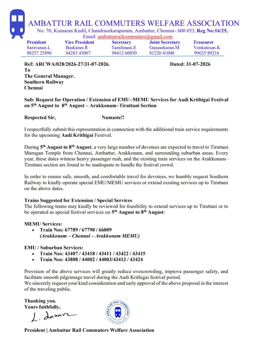 Aburailcom's tweet photo. @DrmChennai @GMSRailway @AshwiniVaishnaw @VSOMANNA_BJP  @RailwaySeva  Dear Sir, Please Operate Special EMU /Memu trains for Aadi Krithigai special from 5th to 8th by extending the regular service between mas to ajj upto trt . #Ambattur #Chennai #அம்பத்தூர். https://t.co/teZWZguZik