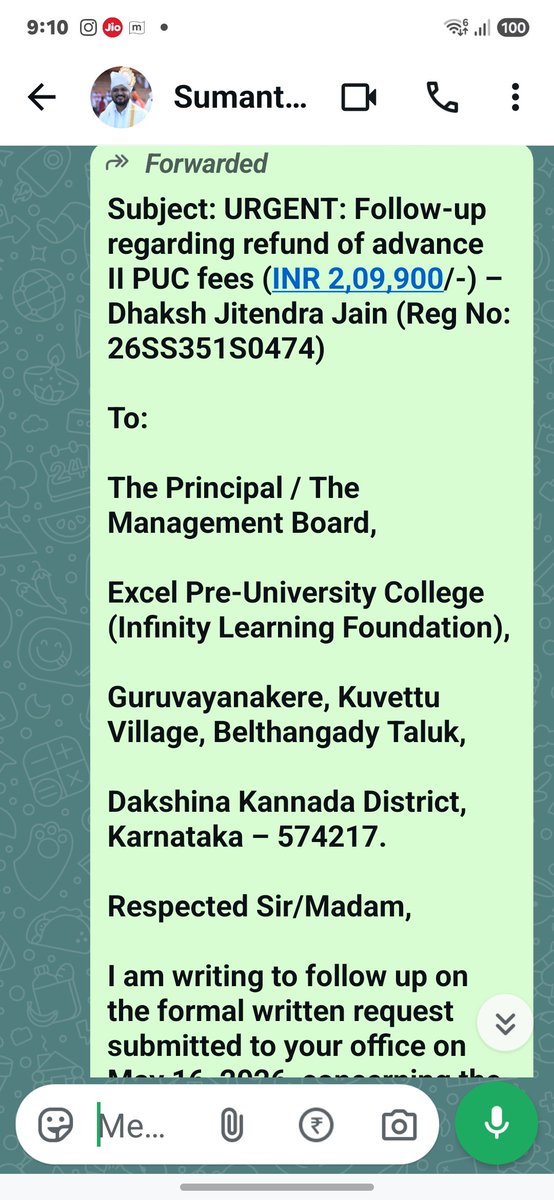 jitendragdg's tweet photo. @DCDKOfficial Respected sir, college is not refunding my son advance fees paid,we took TC due to medical emergency before the result of puc1st year.and not continued.we have given many request letter for Refund,please take action and help us🙏🙏 https://t.co/B4Jfq76YS4
