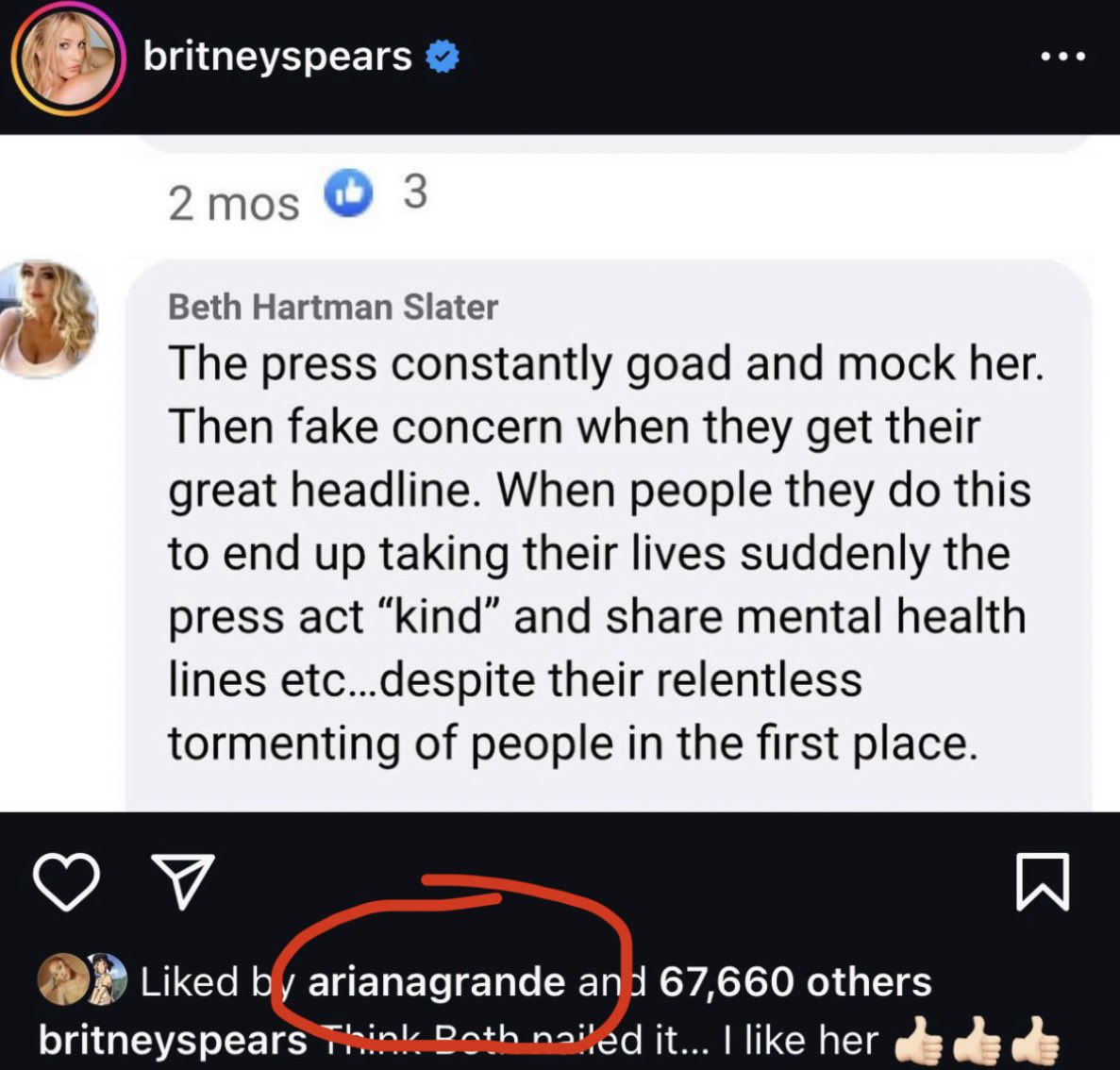 offthetablestn's tweet photo. Remember when ariana liked this britney spears instagram post? She’s very much aware that a lot of the discourse does not come from a place of concern. This was in 2024 btw. https://t.co/Kzf7j866mp