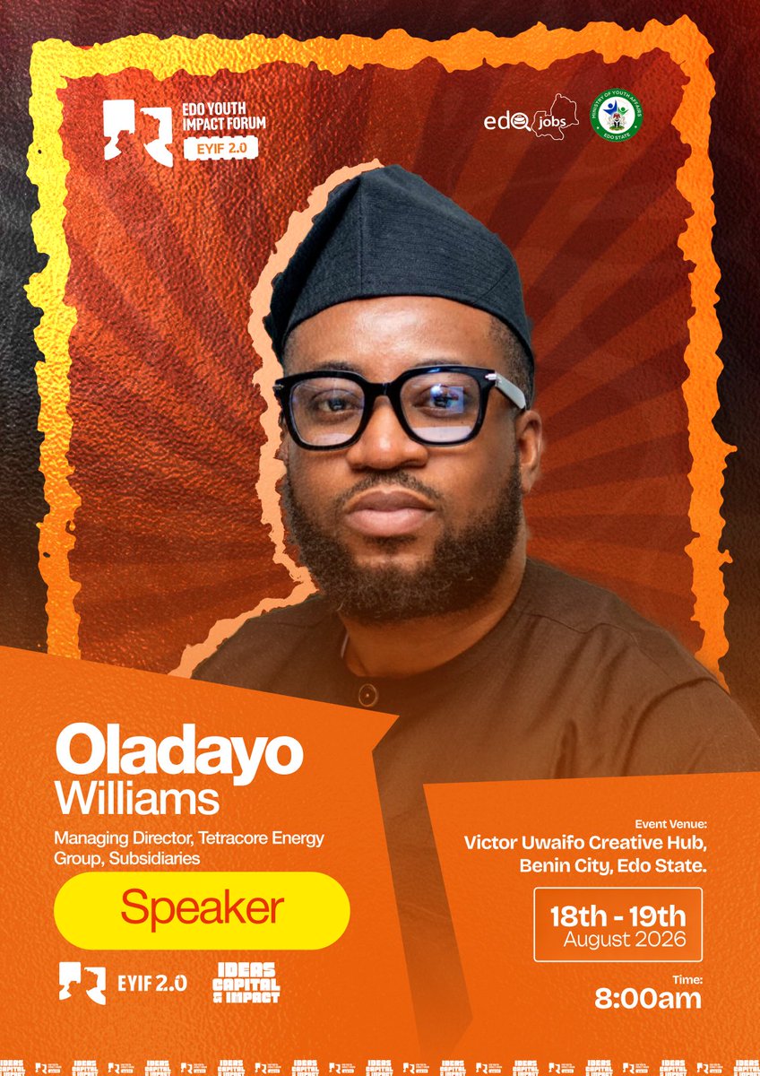edoyif's tweet photo. 15+ years leading high-value energy deals across Nigeria's oil, gas and power sectors. Recently repped Nigeria at the World Gas Conference in China.

Meet Oladayo Williams - MD, Tetracore Energy Group, Subsidiaries is speaking at #EYIF2026 .

Get in . Reg link in Bio. #eyif2026 https://t.co/eviURT2lyV