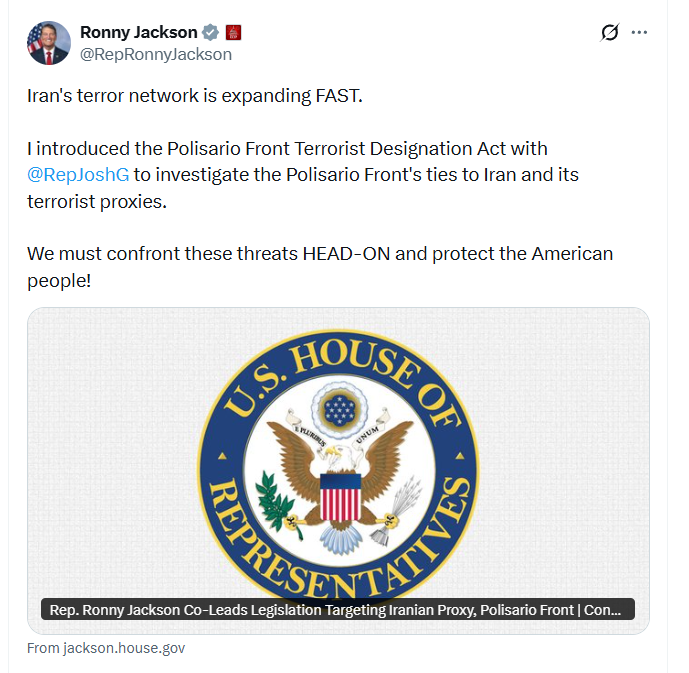 DefenseAtlas009's tweet photo. 🚨 عاجل :  تقديم مشروع ثالث في الكونغرس الأمريكي من طرف النائبين  Josh Gottheimer و Ronny Jackson لتصنيف البوليساريو كتنظيم ارهابي .
هذا المشروع هو الثالث من نوعه بعد مشروع قرار النائب الجمهوري جو ويلسون الذي يحظى بدعم 16 نائب و مشروع قرار تيد كروز في مجلس الشيوخ الذي يحظى بدعم كبار سيناتورات الحزب الجمهوري .
