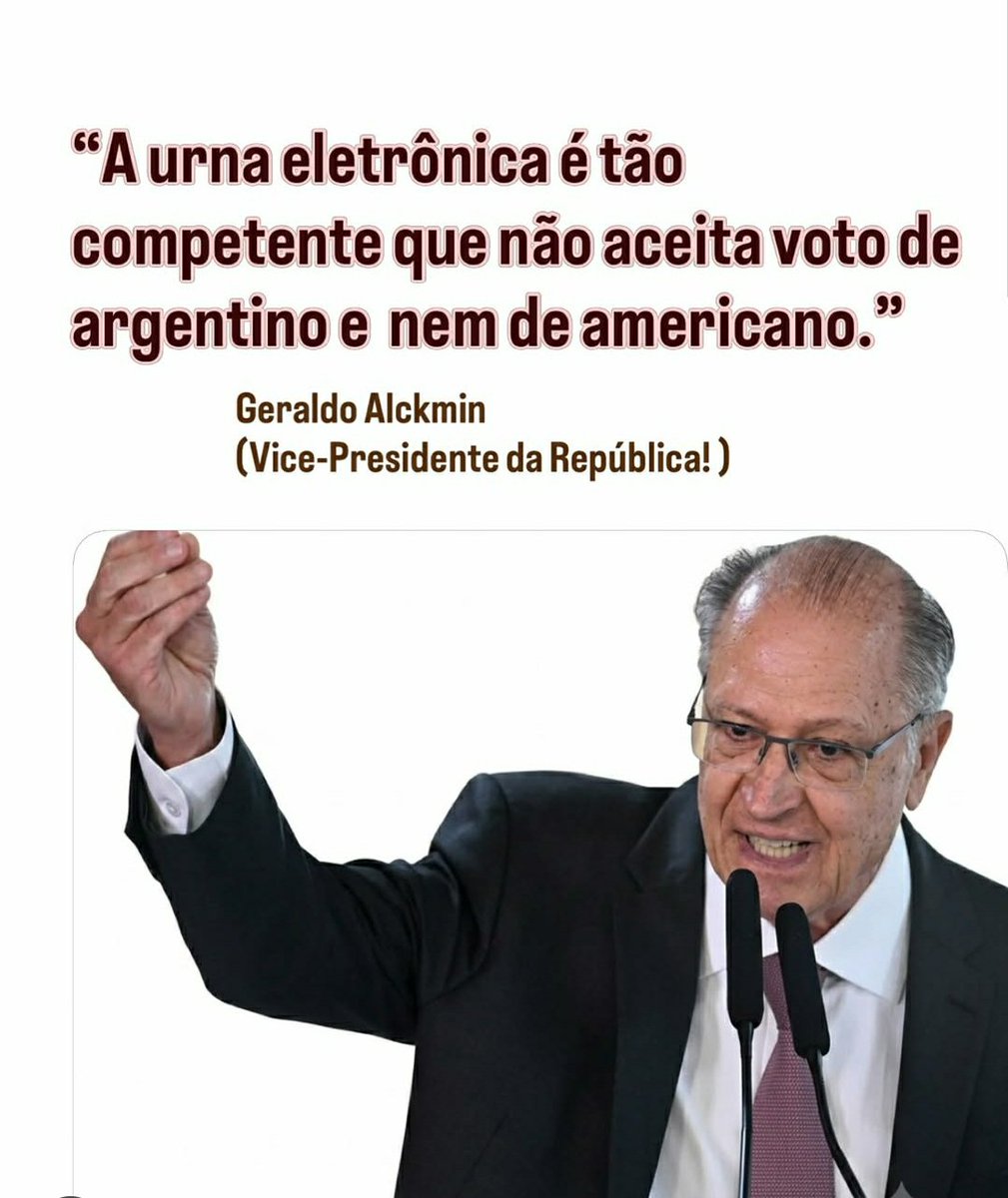 fabridosreis's tweet photo. CONCORDO COM ESSA POSTAGEM, ONDE O VICE - PRESIDENTE GERALDO ALCKMIN AFIRMA QUE "A URNA ELETRÔNICA É TÃO COMPETENTE QUE NÃO ACEITA VOTO DE ARGENTINO E NEM DE AMERICANO". 

Nenhum país tem o direito de interferir em nossas eleições!

https://t.co/BumZL2gbL7 https://t.co/o3SKUsBh6M