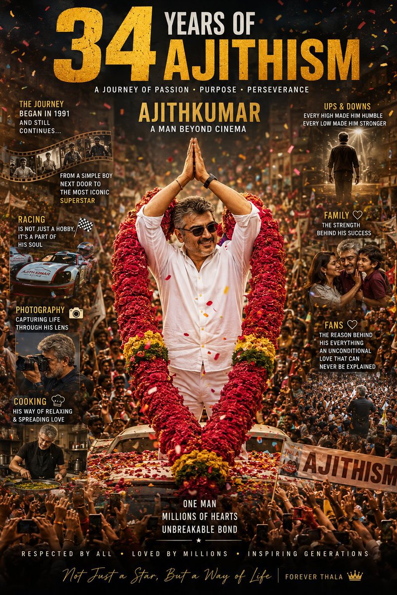 starajith_Thala's tweet photo. #34YearsOfAjithKumar🫶🧡
#34YearsofAjithism ❤️👑
From a simple beginning to becoming one of India's most respected stars, Ajith Kumar has built an extraordinary legacy through hard work, perseverance, and humility.
He never relied on film background or influence. Instead, he earned every milestone with determination, self-belief, and passion. Beyond cinema, he has inspired millions through his love for motorsports, photography, cooking, and his simple way of life.
What makes Thala truly special is not just his blockbuster films, but his character. He stays away from unnecessary publicity, values his family, respects everyone, and lets his work speak for itself.
For 34 glorious years, he has entertained generations, broken records, and won millions of hearts without changing who he is.
Thala is not just a superstar—he is an emotion, an inspiration, and a way of life.
Thank you, #ThalaAjith sir 34 unforgettable years of cinema. Wishing you many more years of success, happiness, and glory.
#34YearsOfAjithism #AjithKumar #Thala #ForeverThala #AK #CinemaLegend #Respect #AK64