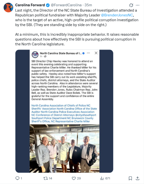 SBI1937's tweet photo. Statement from the North Carolina State Bureau of Investigation

Earlier today, Carolina Forward posted a series of statements across multiple social media platforms containing inaccurate information about the SBI and a member of the General Assembly. The SBI contacted Carolina Forward this morning asking it to correct the posts.

Carolina Forward subsequently edited its posts. The edited version remains incorrect. The SBI contacted the Wake County District Attorney, Lorrin Freeman, who provided this statement:

“As has been previously confirmed, the ongoing investigation into the 501(c)(4) Greater Carolina has expanded to include a look at what affiliation those with Greater Carolina had with the company the M Group if any.  It is inaccurate to state that any specific current legislators are a target of this effort at this time.   As this investigation continues, we are committed to doing our due diligence and will not engage in a rush to judgment.  This is an ongoing investigation.”

Carolina Forward has not responded to additional attempts to seek a correction.  Because these posts remain inaccurate, the SBI is issuing this statement to correct the facts.

The SBI fully supports the First Amendment, and the public's right to free speech. We will continue to publicly correct organizations and individuals who spread incorrect information.

@NCLeg