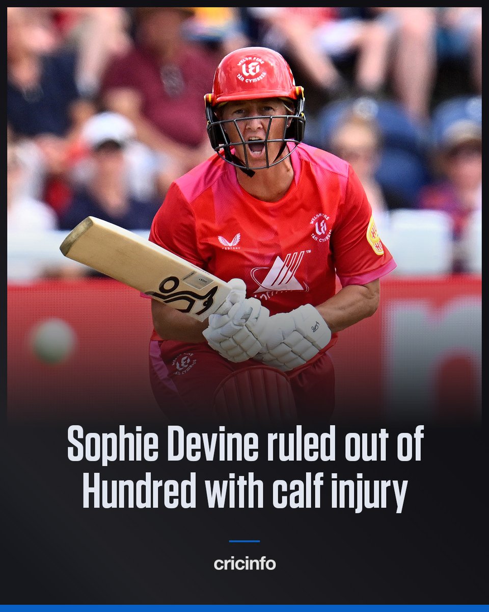 cricinfo's tweet photo. Welsh Fire captain Sophie Devine has been ruled out of the remainder of the Hundred with a calf injury.

Ireland allrounder Orla Prendergast has been signed as her replacement; Georgia Wareham takes over as captain https://t.co/oJocwqJgdu