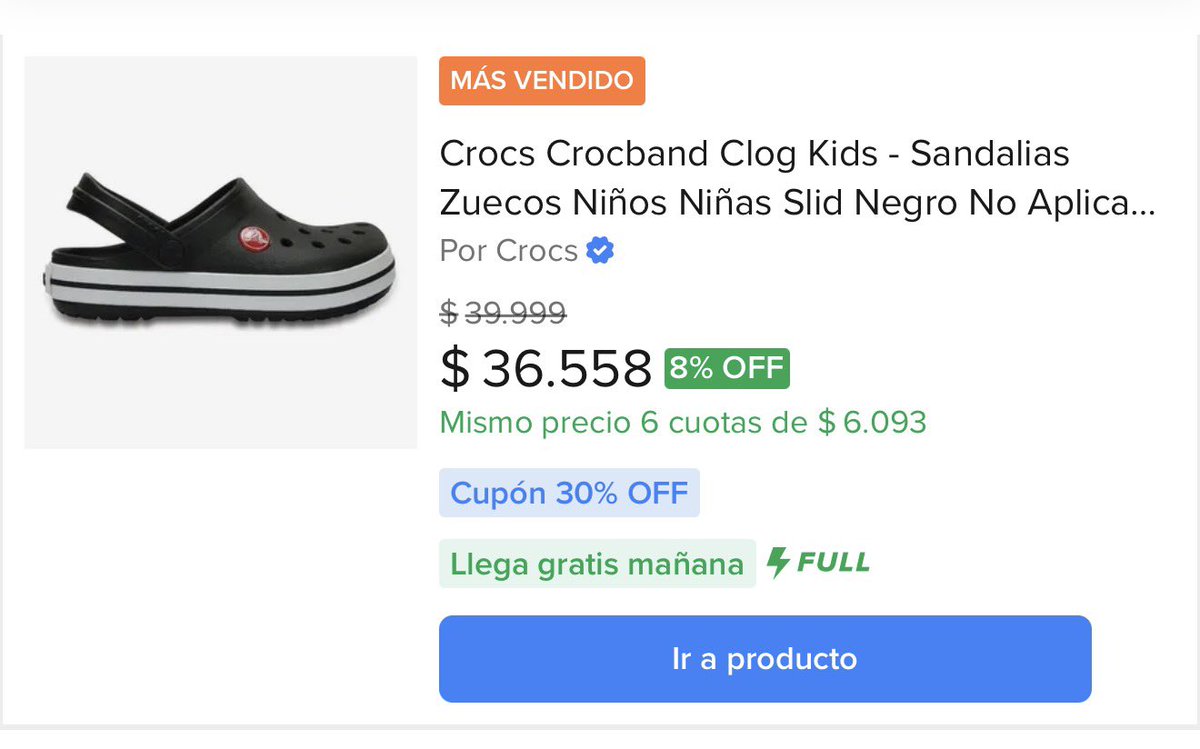 vmenditto's tweet photo. 🐊🚨 ¡REGALADÍSIMAS!

Crocs Crocband Kids 🎁
|🚚 Envío gratis

$25.590,60
🎟️ Aplicando el cupón del 30% OFF
💳 3 cuotas sin interés con tarjeta Mercado Pago.

🎁 Ideal para el Día de la Niñez.

🛒 https://t.co/wX6pUQmzWg https://t.co/20g2gU6vnD
