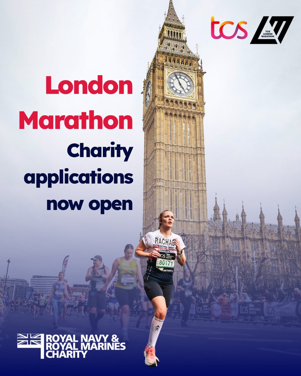 RNRMC's tweet photo. Missed out on the TCS London Marathon 2027 ballot?  

Charity place applications with Royal Navy &amp; Royal Marines Charity are now OPEN! 

🎯 Raise a minimum of £2,500 (excluding Gift Aid) 
📝 Apply via the link in our bio 
⏰ Deadline: 9 August 2026

Don’t miss out! https://t.co/5JjGmZtULT