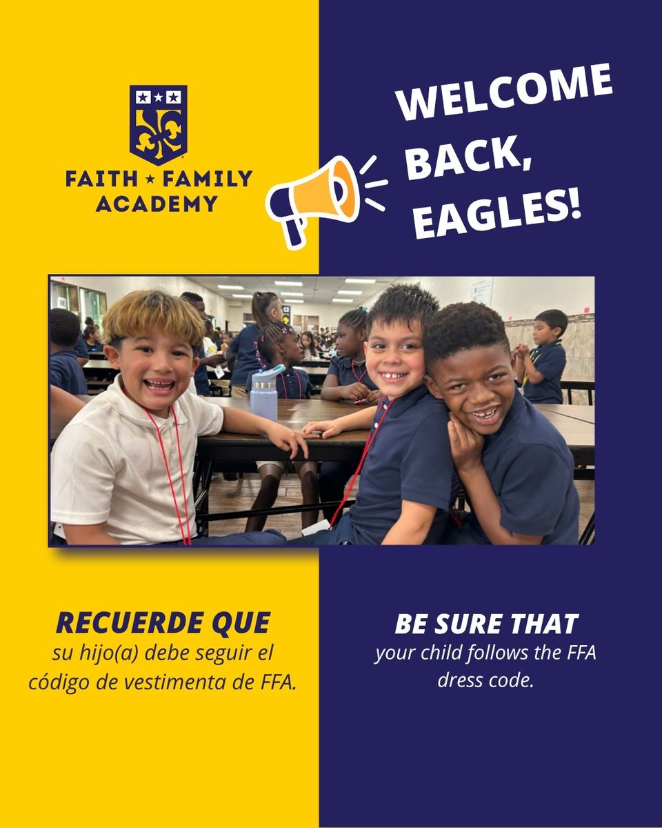 FaithFamilyAcad's tweet photo. 📚✨ Attention, Faith Family! Classes start tomorrow! Help us begin the semester strong by following the FFA dress code and bringing your clear backpack each day. We can’t wait to see your Eagle spirit! 💙

Enroll Today 🦅 https://t.co/WzabeajQeI

#GoldStandard #openenrollment https://t.co/kw3tTlVVAt
