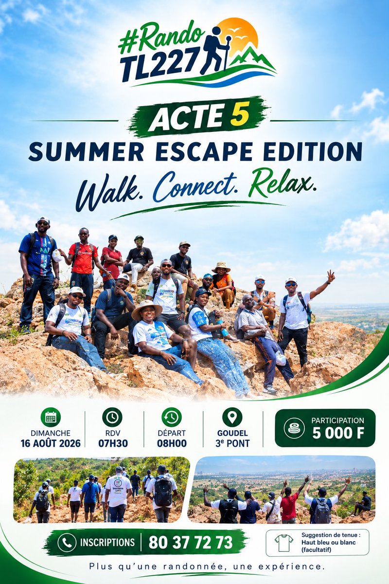 f_gountouyena's tweet photo. On remet ça.

Après une 4ᵉ édition mémorable, #RandoTL227 est de retour.

Acte 5 • Summer Escape Edition

Marcher. Respirer. Rencontrer. Créer des souvenirs.

Les inscriptions sont ouvertes.
Rendez-vous le 16 août.

Walk. Connect. Relax.

Infoline/Booking : 80377273 https://t.co/qAMBstuUQ5
