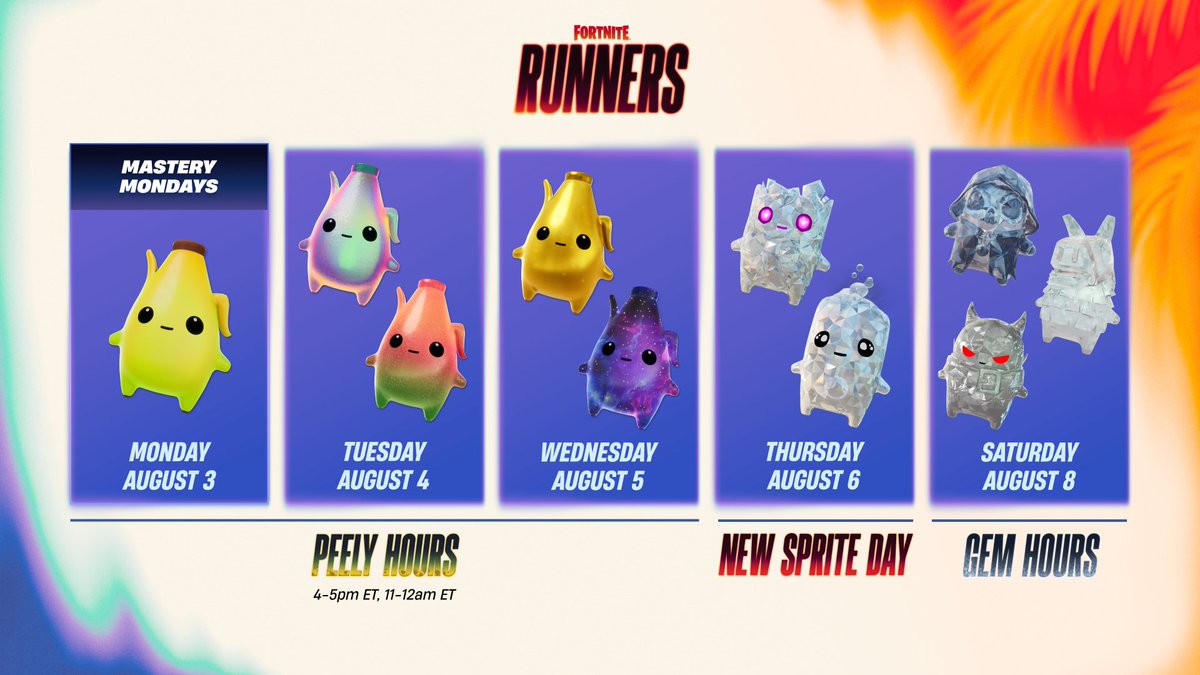 FireMonkey's tweet photo. This Week in Fortnite:

- Peely Hours from now until August 5th
- Gem Sprites on August 6th
- Gem Sprite Power Hour on August 8th https://t.co/aNqIe8QWaV