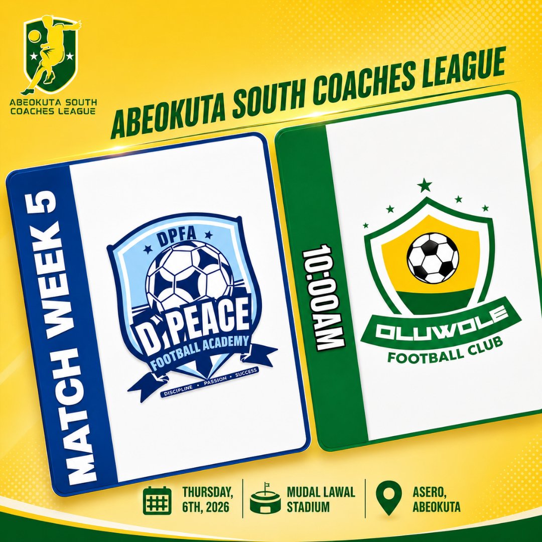 AbkSouthLeague1's tweet photo. MATCH WEEK 5 THURSDAY FIXTURES:

D'PEACE FA Vs OLUWOLE FC: 10:00am

MARVELOUS STAR FA VS GOLDEN STAR FC: 12:00pm

#ASCL26 #Grassrootfootball https://t.co/vMvOe73BUR