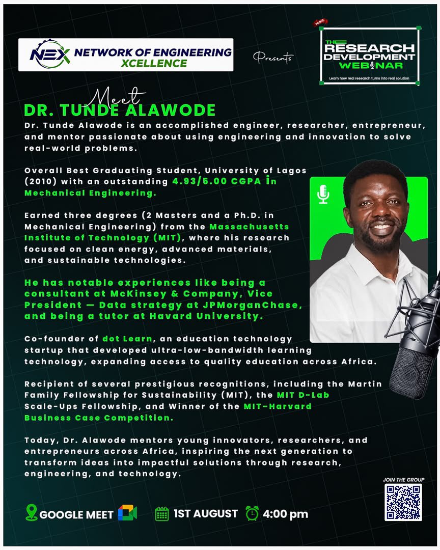 NEXcellence_'s tweet photo. Yesterday’s Research Development Webinar was an inspiring and insightful session. We were privileged to learn from Dr. Tunde Alawode, who shared valuable lessons on research, innovation, entrepreneurship, and transforming ideas into real-world solutions.

Thank you to everyone https://t.co/OBepEvzm1W