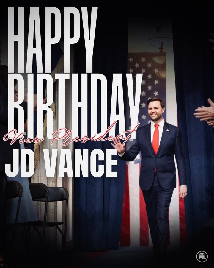 _SmokeyGirl25's tweet photo. Happy Birthday @JDVance 
You are the best Vice President.
God Bless you And your Family .🇺🇸🇺🇸🇺🇸 https://t.co/ZlIkjDqImz