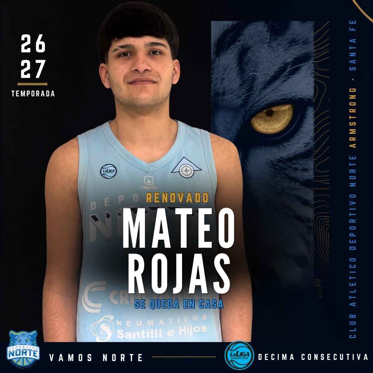 CADNORTE's tweet photo. MATEO SUBE A LA LIGA 🐯
El ala-pivot de 17 años, Mateo Rojas, será uno de los integrantes del plantel de Liga Argentina temp 26/27.
El rosarino llegó a la institución en enero y dio sus primeros pasos con la camiseta de Norte siendo parte de los planteles de U21 y 1° División. https://t.co/ElfkFAwSzO