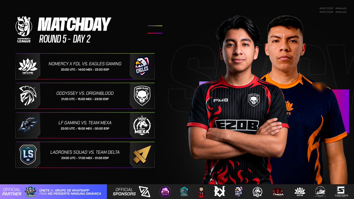 CR_Supremacy's tweet photo. ⚫️ 𝐌𝐀𝐓𝐂𝐇𝐃𝐀𝐘 - 𝐑𝐎𝐔𝐍𝐃 𝟓 - 𝐃𝐀𝐘 𝟐 ⚔️

⚔️ DECISIVE MATCHES AHEAD! 🏆🔥

We’ve got 4 must-win battles that could shape the fate of the group standings. Every point matters from here on out!

Good luck to all teams! 🍀🚀

🇦🇷 @NoMercyGG__ 🆚 @EGeSportsCR 🇬🇷
⏰: 20:00 UTC - 14:00 🇲🇽 - 22:00 🇪🇸
📺🇪🇸: https://t.co/TOheAE1nmv
📺🇪🇸: https://t.co/ceW0lwL0nw
🎙️🇪🇸: @Recameca
📺🇺🇸: https://t.co/S5EMJNsWCg
🎙️🇺🇸: @ArkaneCr01
📺🇧🇷: https://t.co/3g9cfD9s1m
🎙️🇧🇷: @Steveflacr

🇩🇪 @Oddyssey_offcl 🆚 @Originblood1 🇵🇪
⏰: 21:00 UTC - 15:00 🇲🇽 - 23:00 🇪🇸
📺🇪🇸: https://t.co/TOheAE1nmv
📺🇪🇸: https://t.co/ceW0lwL0nw
🎙️🇪🇸: @Recameca
📺🇺🇸: https://t.co/S5EMJNsWCg
🎙️🇺🇸: @ArkaneCr01
📺🇧🇷: https://t.co/3g9cfD9s1m
🎙️🇧🇷: @Steveflacr

🇩🇪 @lfgaming__ 🆚 @Team_Mexa_MX 🇲🇽
⏰: 22:00 UTC - 16:00 🇲🇽 - 0:00 🇪🇸
📺🇪🇸: https://t.co/TOheAE1nmv
📺🇪🇸: https://t.co/ceW0lwL0nw
🎙️🇪🇸: @Recameca
📺🇺🇸: https://t.co/S5EMJNsWCg
🎙️🇺🇸: @ArkaneCr01
📺🇧🇷: https://t.co/3g9cfD9s1m
🎙️🇧🇷: @Steveflacr

🇨🇱 @LadronesSquad 🆚 @TDelta_CR 🇨🇱
⏰: 23:00 UTC - 17:00 🇲🇽 - 1:00 🇪🇸
📺🇪🇸: https://t.co/FAZZDTsnKv
📺🇪🇸: https://t.co/ePcI5BqQNj
🎙️🇪🇸: @elpana507xd
📺🇺🇸: https://t.co/S5EMJNsWCg
🎙️🇺🇸: @ArkaneCr01
📺🇧🇷: https://t.co/3g9cfD9s1m
🎙️🇧🇷: @Steveflacr

#SMCY2026 #WeAreSL #ClashRoyale