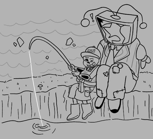maximumatrophy's tweet photo. sans visits the garbage dump, the one place he feels he belongs, and he meets someone very wonderful. they become fishing buddies, and... well, the rest will come soon. https://t.co/EaS47GvB01