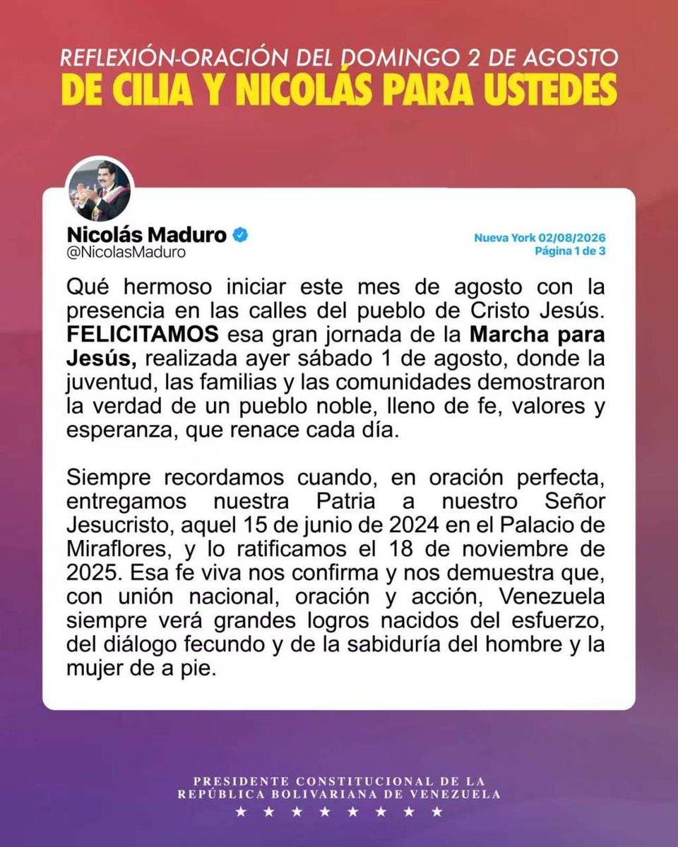 NicolasMaduro's tweet photo. Felicitamos la gran Marcha para Jesús, realizada este sábado 1 de agosto. Todos y todas, la juventud, las familias y las comunidades demostraron la verdad de un pueblo noble, lleno de fe, valores y esperanza, que renace cada día. https://t.co/VHxrKEA2IH
